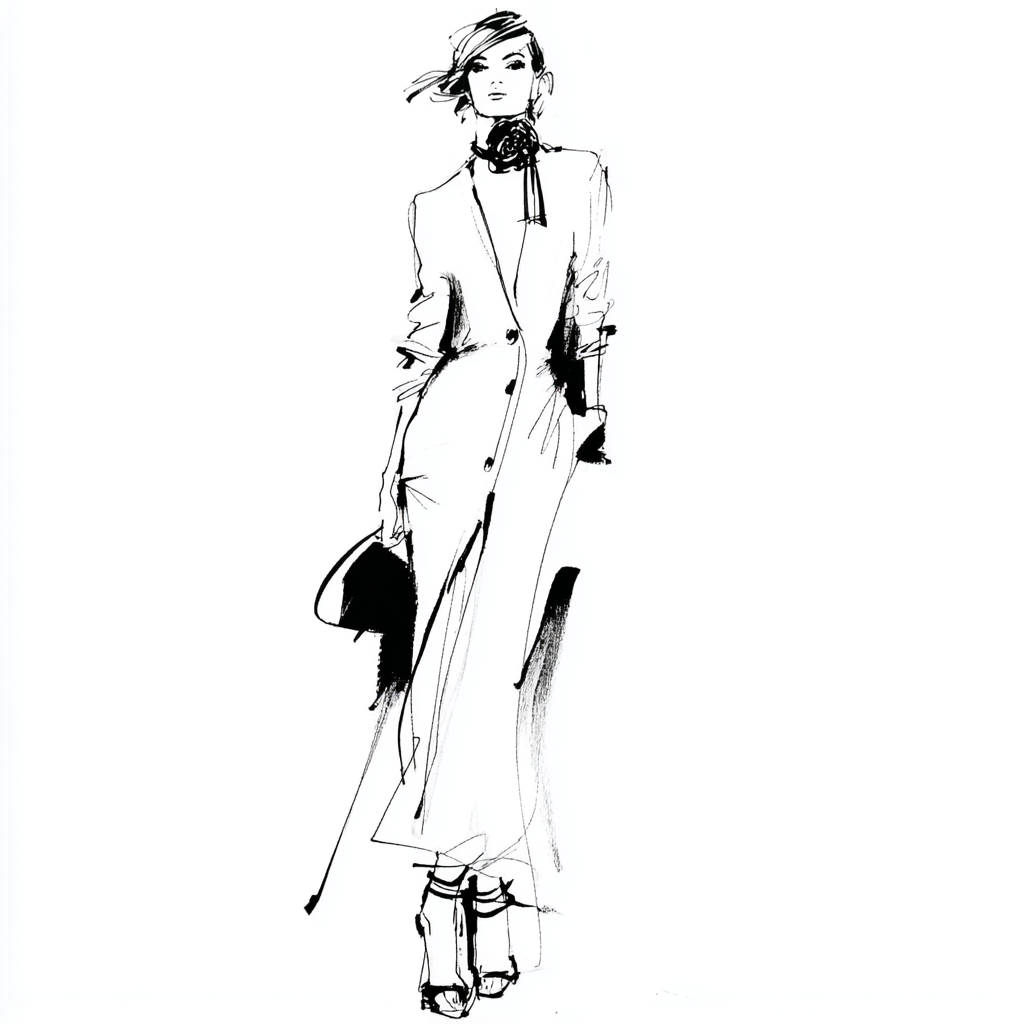Fashion illustration of a standing model in a long buttoned cardigan dress layered over wide-leg cream trousers, styled with a delicate black silk rose choker