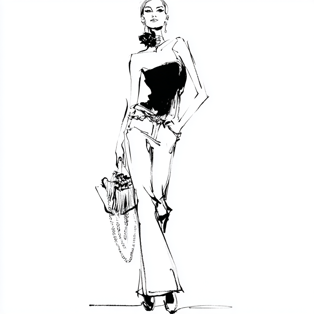 Black and white fashion sketch of a model wearing a strapless black top, high-waisted flared jeans, and a small silk rose choker with lace ties