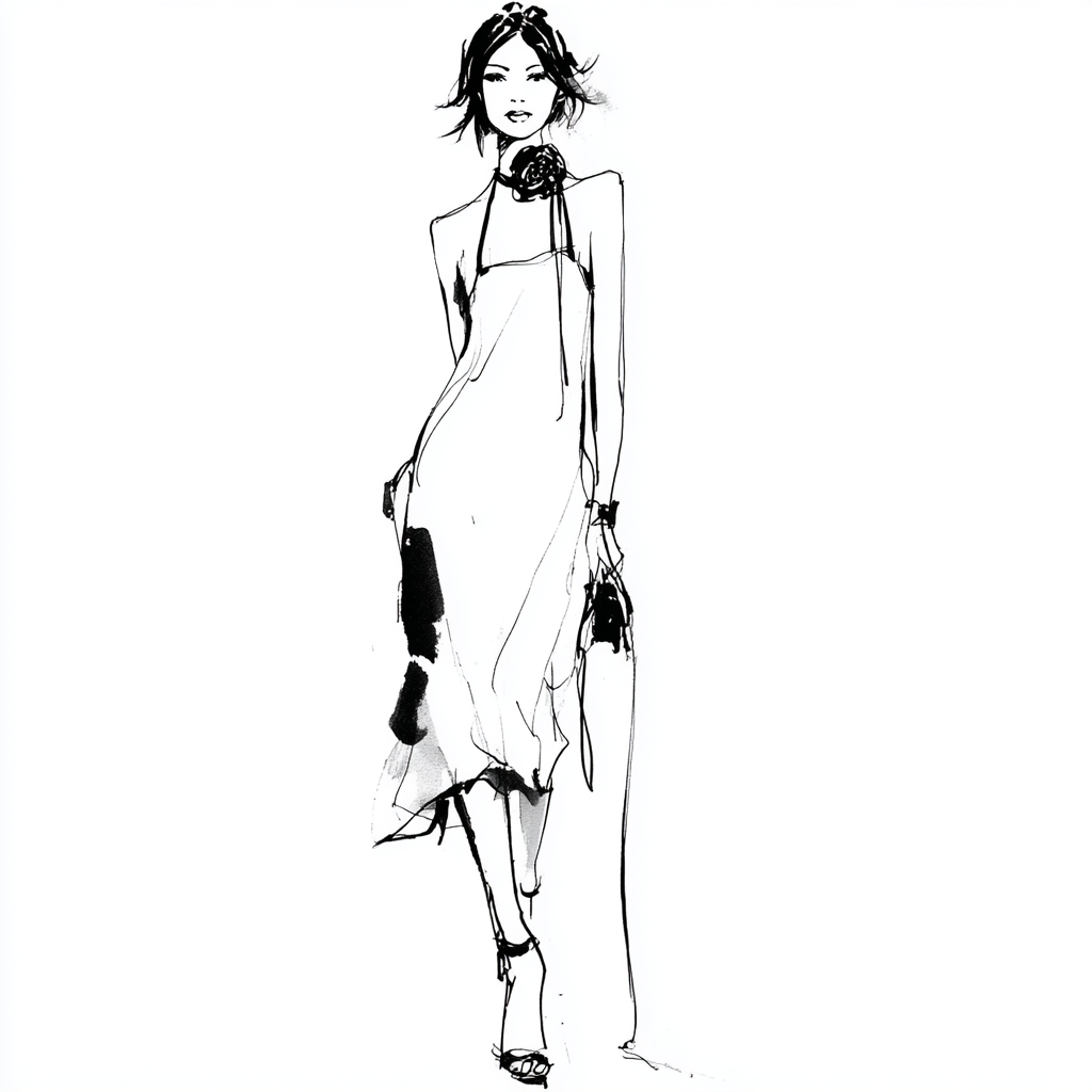 Expressive black and white sketch of a model in a white strappy midi dress with a bold black silk rose choker and long lace ties.