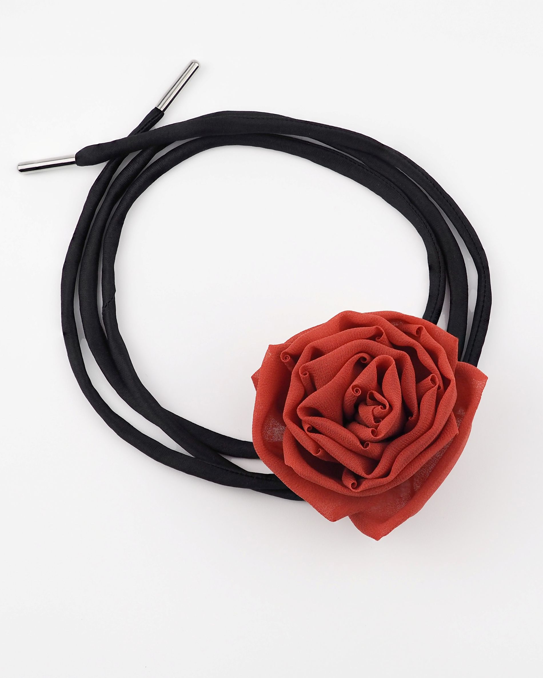 Red silk rose choker necklace with black satin lace flat lay