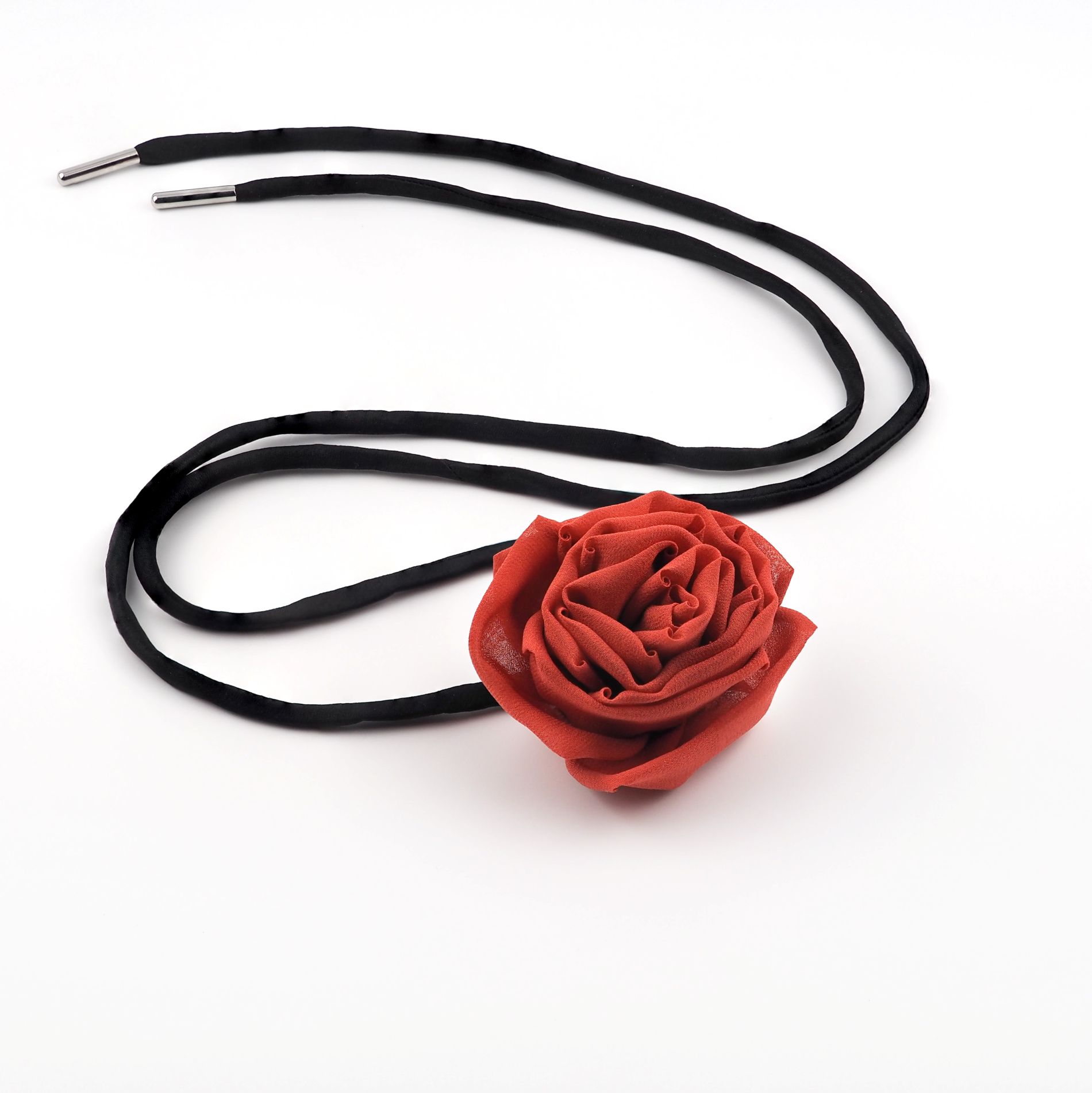 Red silk rose choker necklace with long black satin lace detail