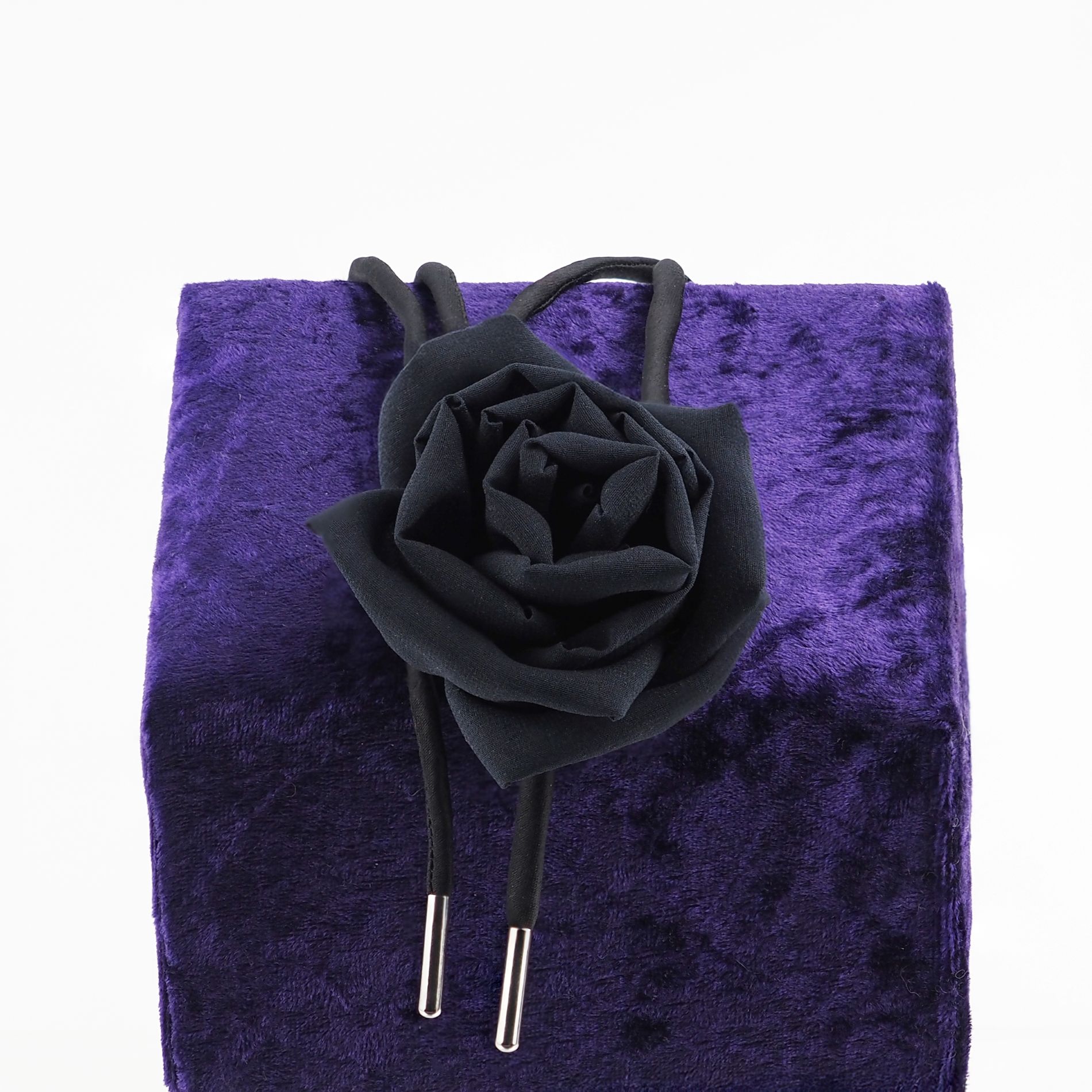 Black silk rose choker necklace with adjustable satin lace close-up