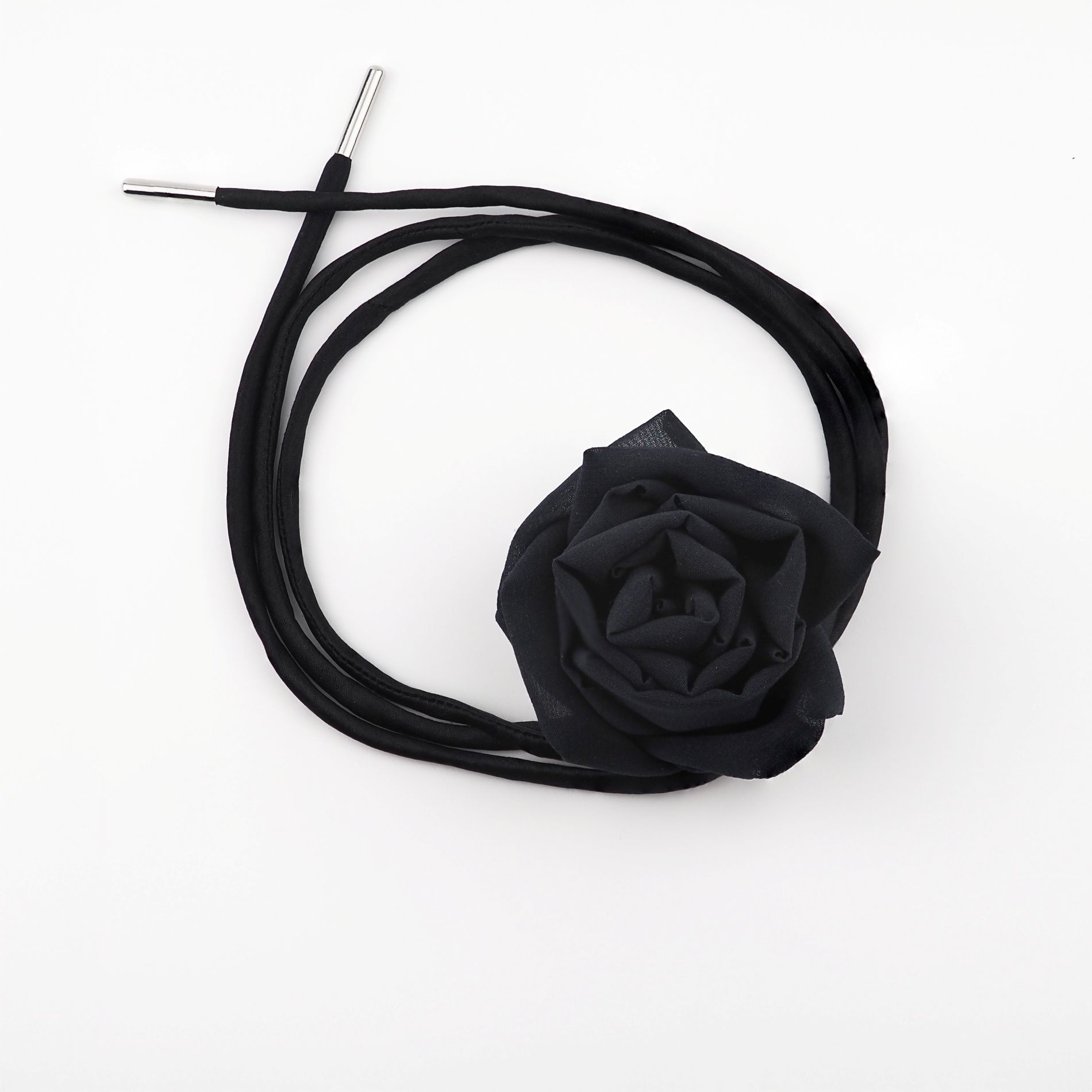 Black silk rose choker necklace with satin lace flat lay