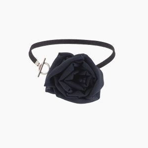Handcrafted black silk chiffon rose choker necklace with toggle clasp, shown from the front on a white background.