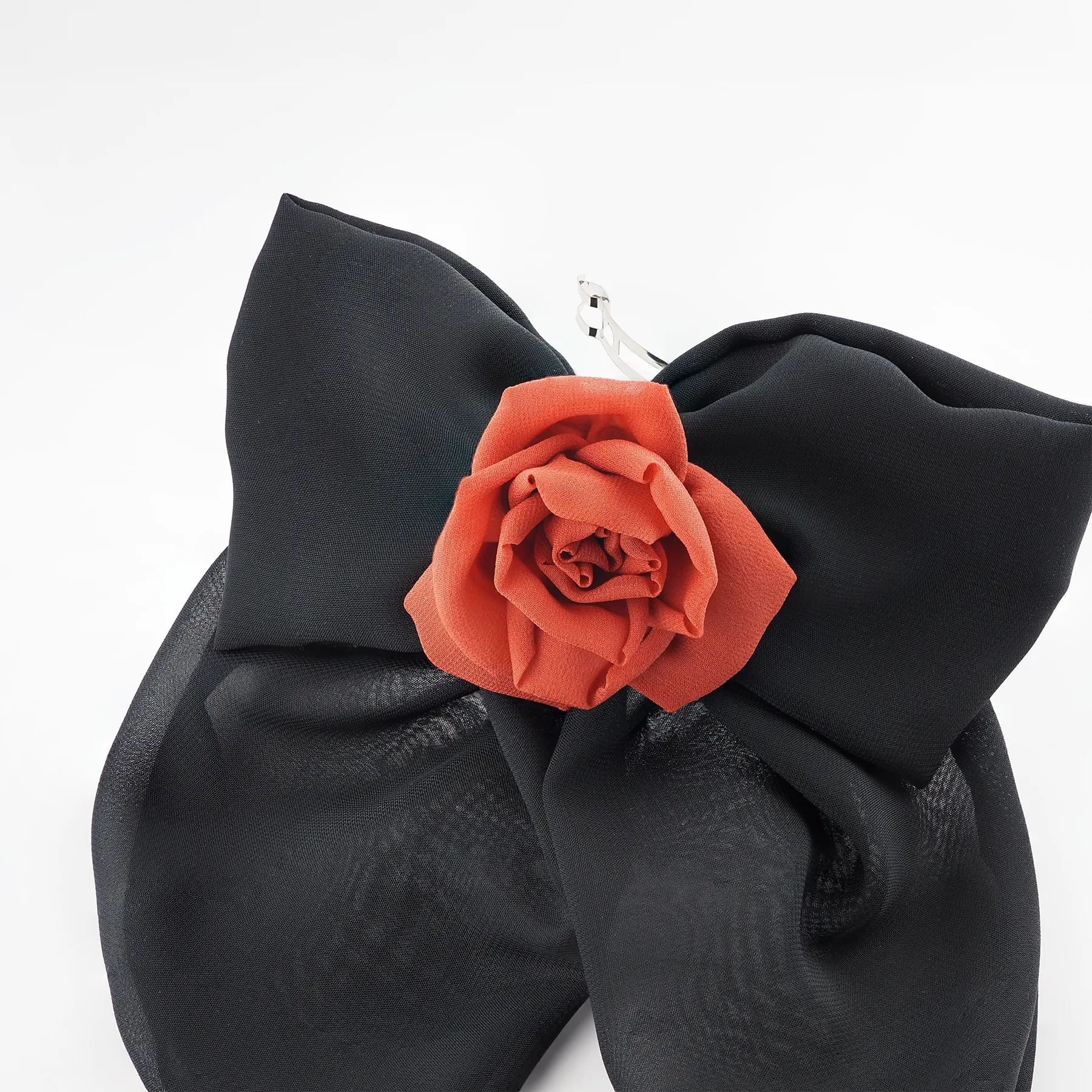 Close-up_Black_Chiffon_Bow_Hair_Clip_with_Silk_Red_Rose