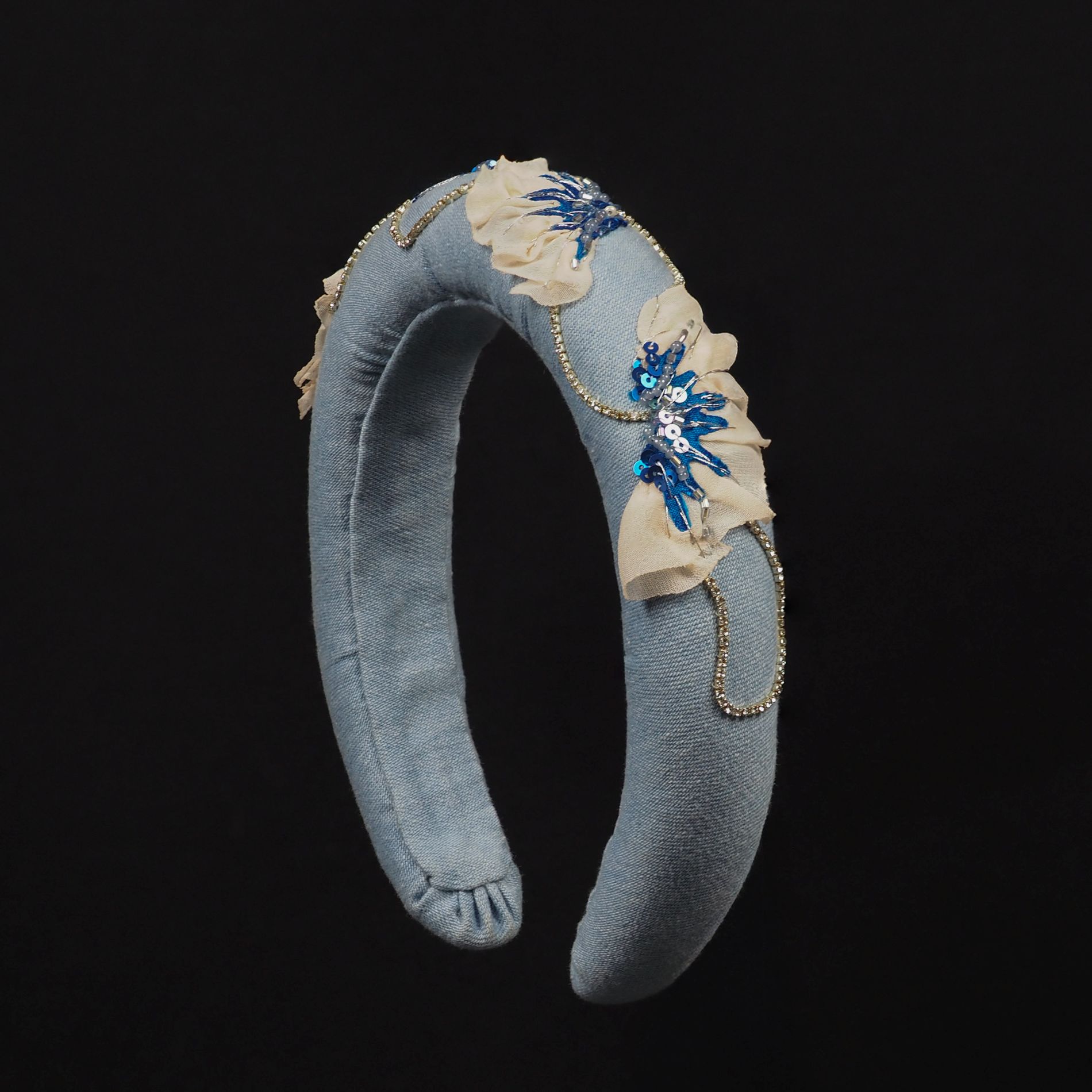 Hand-EmbroideredBlueDenimHeadbandwithPoppyDesign