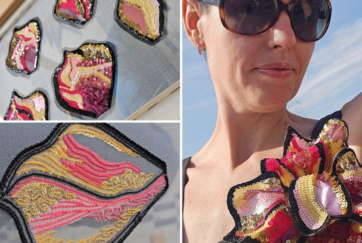Close-up collage showing hand-embroidered sequin brooches in progress on frame and a woman wearing a large, colourful brooch on her dress outdoors
