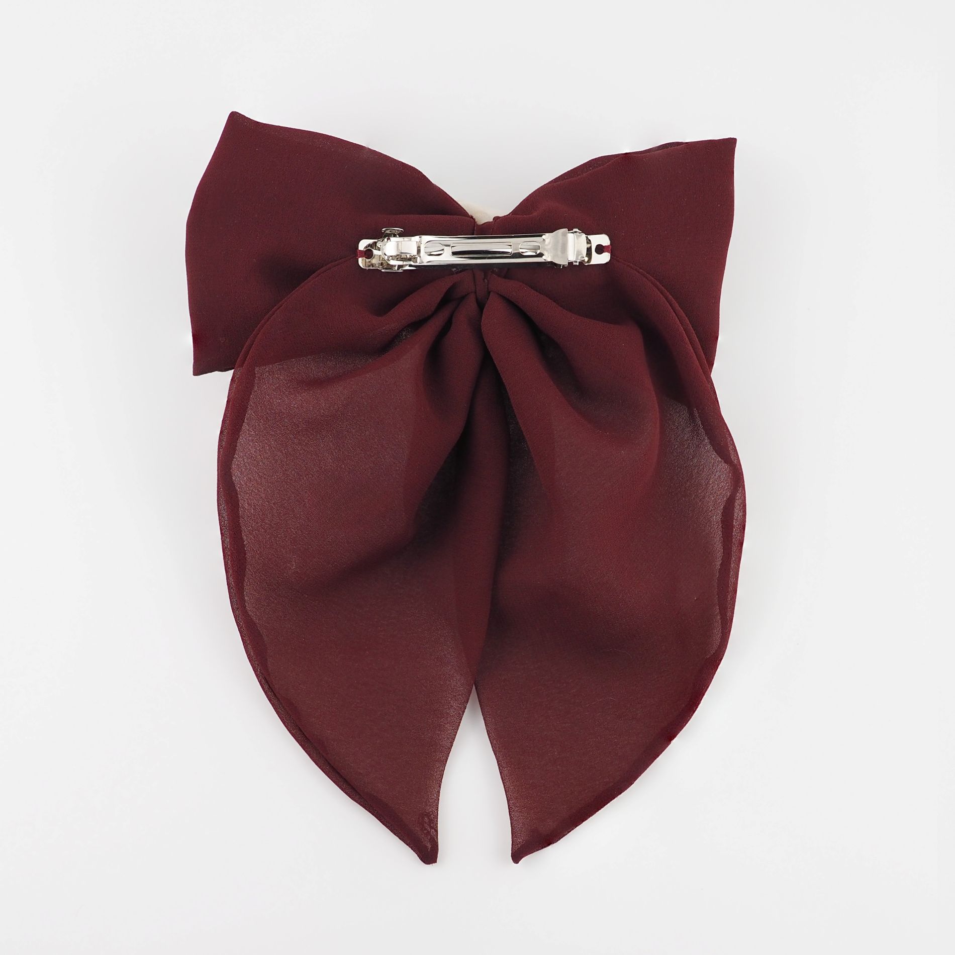 Maroon chiffon bow hair clip back view with metal fastening