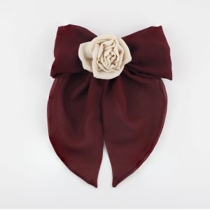 Maroon chiffon bow hair clip with nude silk rose by ByRova, designed and handmade by Ksenia Semirova, front view with soft draping