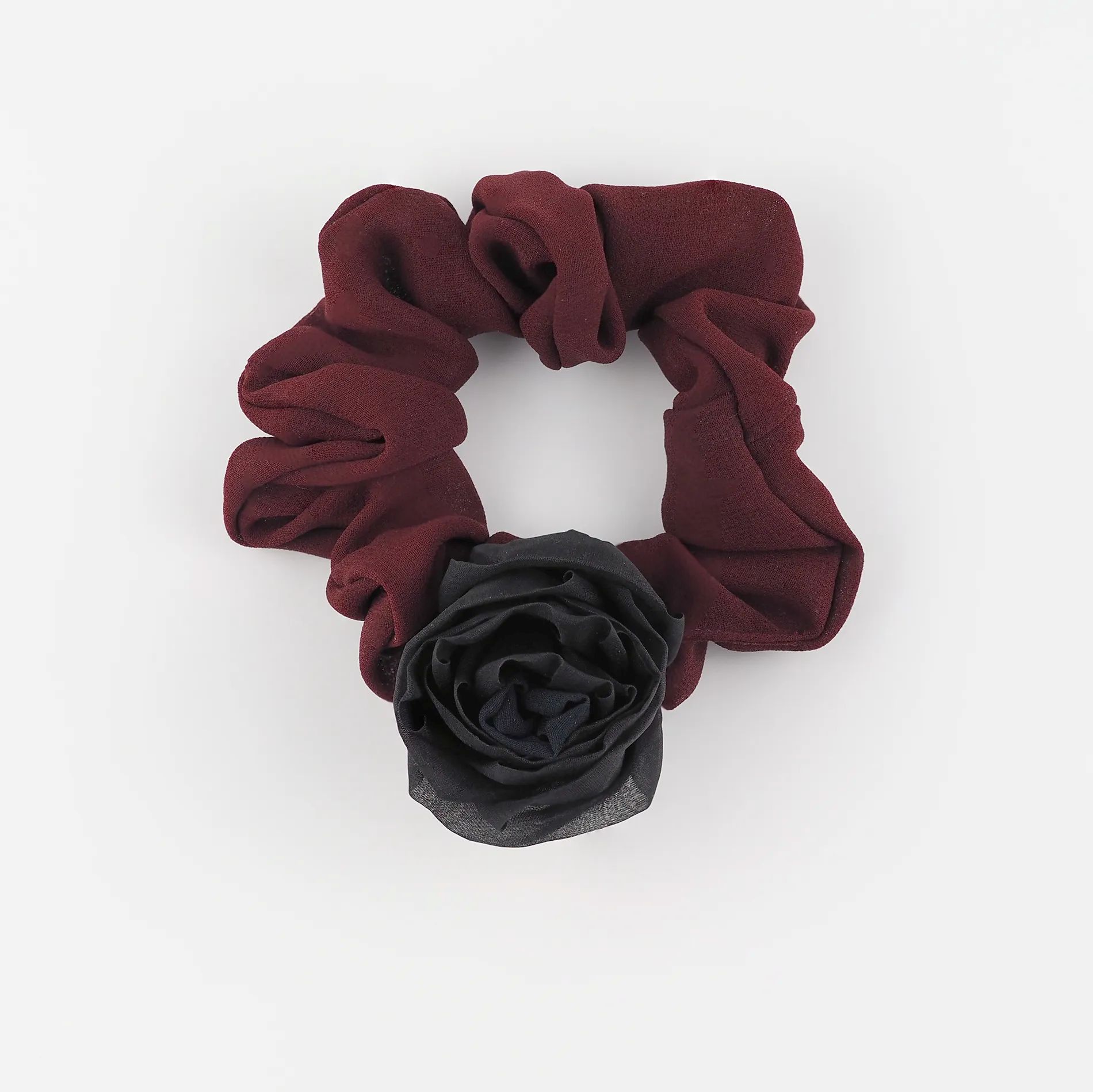 Maroon_Handmade_Chiffon_Scrunchie_with_Silk_Rose