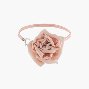 Front view of handcrafted pink silk rose choker necklace with toggle clasp, featuring a large flower made of natural chiffon