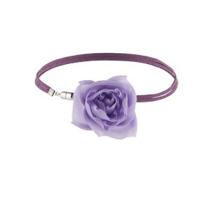 Front view of handcrafted purple silk organza rose choker with double suede lace and secure toggle clasp.