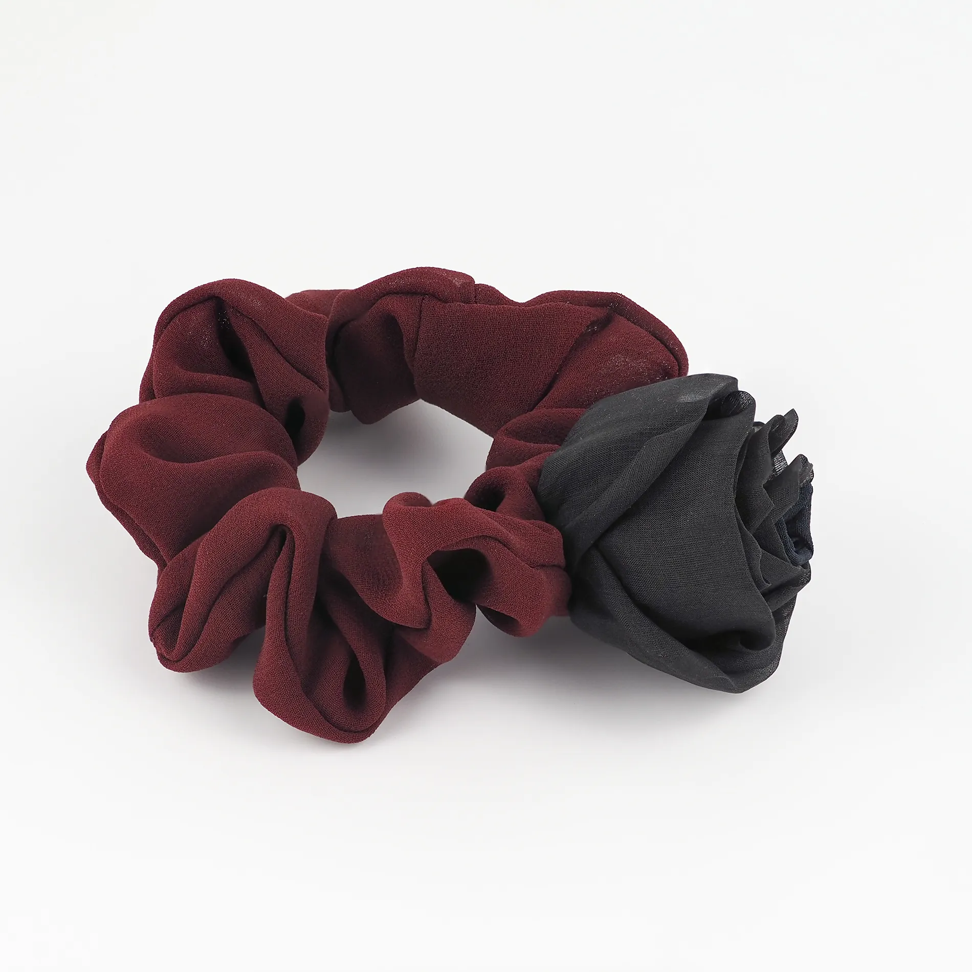 Side_view_of_Maroon_Handmade_Chiffon_Scrunchie_with_Silk_Rose